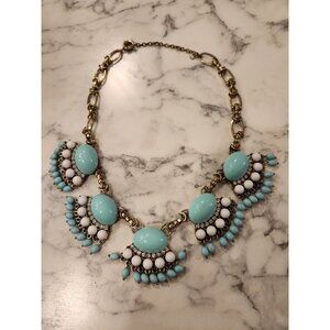 Vintage Style Gold Tone Statement Necklace With Turquoise Colored & White Beads